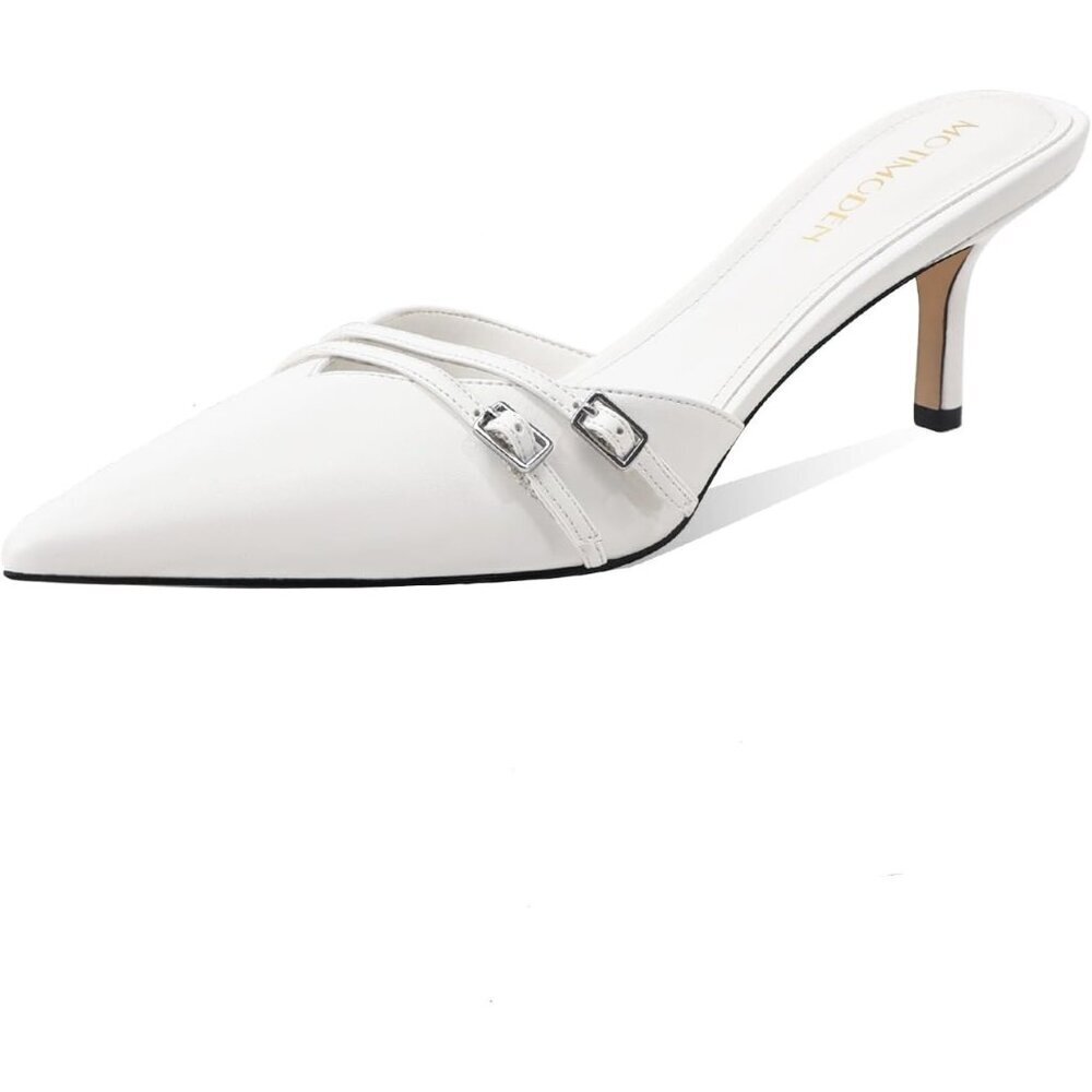 Motimoden Kitten Heels White Faux Leather Women's Pointed Closed Toe Slip Pumps